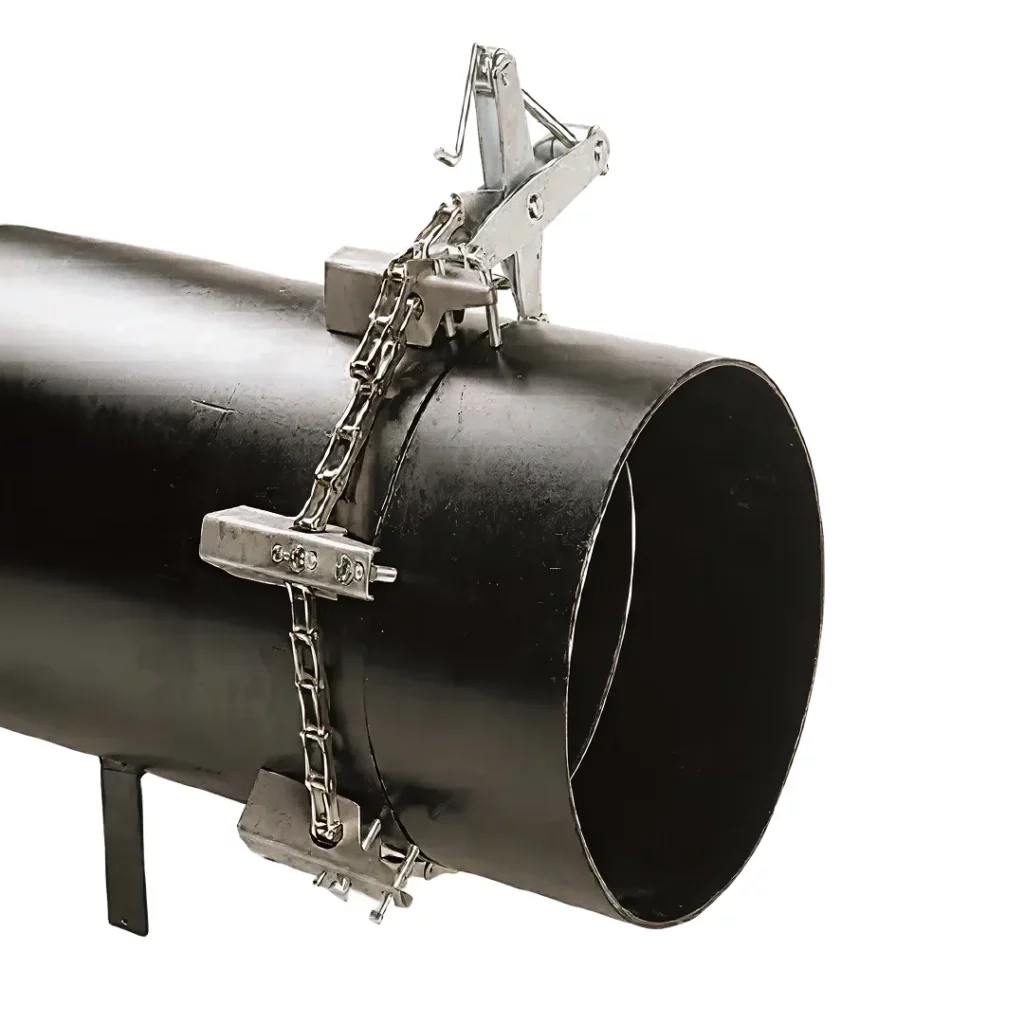 The S200 is a metal chain clamp that secures two sections of black pipe together with a metal tightening mechanism at the top.