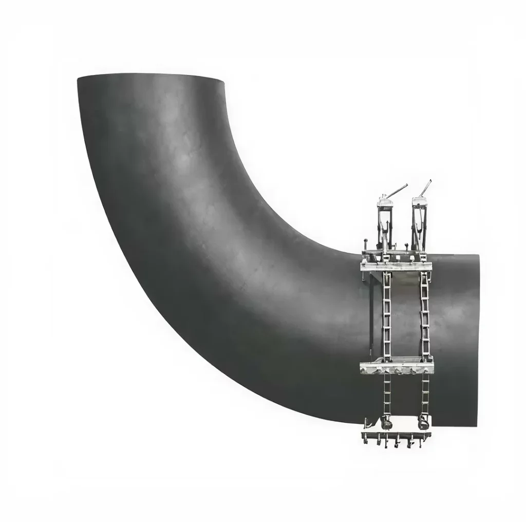 The Manual Pipe Clamp Double features a large, curved black pipe with a metal fitting on the right end, equipped with handles and adjustable clamps, displayed against a white background.