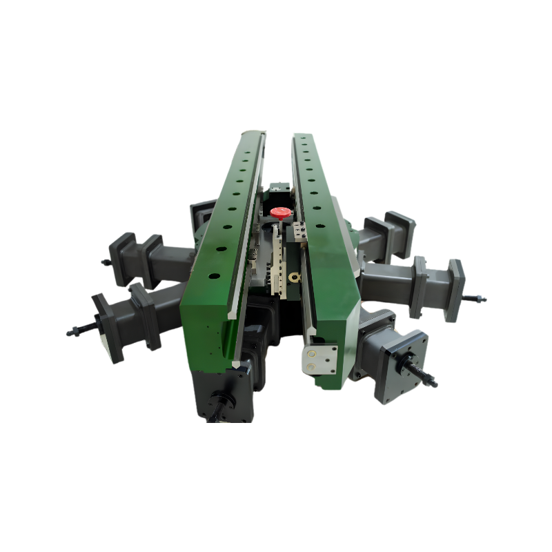 The AF48124 is a green industrial machine component featuring two parallel metal beams, multiple adjustable clamps, and various mechanical attachments, displayed against a plain white background.