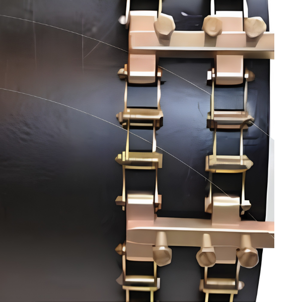 A close-up of DK300 metal fasteners and clamps securing a black cylindrical pipe, with bolts and connectors arranged in a precise pattern.
