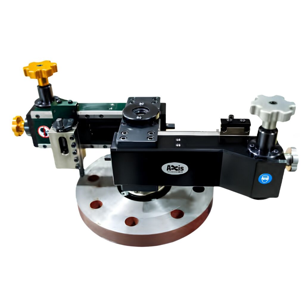 The Propeller MF114 is a precision industrial machine part featuring multiple adjustment knobs, a round metal base with holes, and a central black component labelled Axis, designed for calibrated mechanical or engineering tasks.