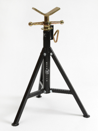 A metal pipe stand with a V-shaped top, a threaded adjustment rod, a handle, and three black legs for stability, designed for supporting pipes during welding or other tasks.