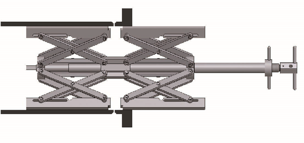 Technical diagram of the Internal Manual pipe clamp showcasing two sets of crossed metal arms, a long threaded rod, and sliding supports at both ends.