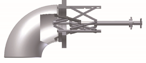 Side view of the Internal Manual flange clamp showing a large curved metal cover on the left attached to rod supports, connecting to a cylindrical shaft with a circular flange on the right.