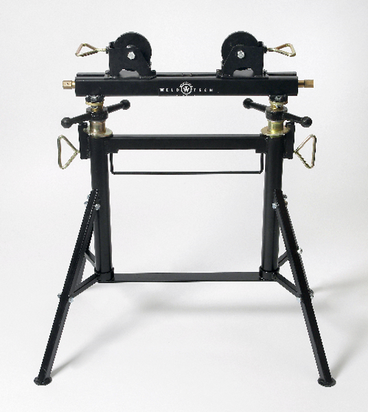 A black metal pipe stand with adjustable tripod legs, two rotating rollers on top, and two horizontal adjustment handles, designed for supporting and rotating pipes during welding or fabrication.